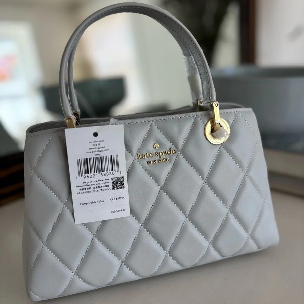 KATE SPADE Satchel Leather Quilted Handbag White Stone Path Light Grey Purse - Picture 6 of 15